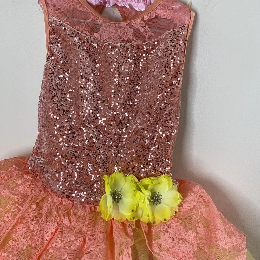 NWT Girls Sequin Lace Ballet Tutu Dress With Floral Accent Sherbet Size MC 10/12